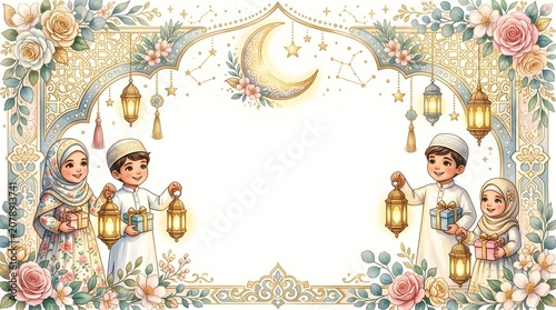An elegant watercolor illustration of happy Muslim children holding glowing lanterns and gifts, inside a beautiful floral frame with a golden crescent moon.