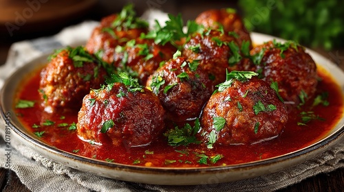 Hearty plate of Spanish albondigas meatballs simmered in rich tomato sauce with fresh parsley garnish, served as a flavorful homemade tapas style dinner with Mediterranean comfort food appeal.