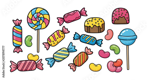 Tableau sur toile Colorful collection of hand drawn sweets lollipops and jelly beans