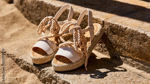 Close-up of a pair of beige espadrille sandals with woven jute soles and ankle ties, left on a sunlit stone step, capturing a warm, rustic Mediterranean summer fashion aesthetic with natural texture.
