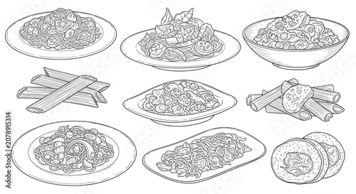 Photos Various italian pasta dishes and noodle shapes in line art sketch