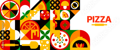 Italian pepperoni pizza banner with geometric pattern. Abstract modern shapes mosaic background of fast food pizza slices with cheese, tomato and mushroom toppings, rolling pin, oven and peel