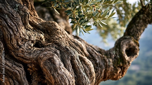 Close-up of an ancient gnarled olive tree trunk with deeply textured bark and silvery green leaves in soft natural light.