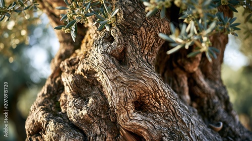 Close-up of an ancient gnarled olive tree trunk with deeply textured bark and silvery green leaves in soft natural light.