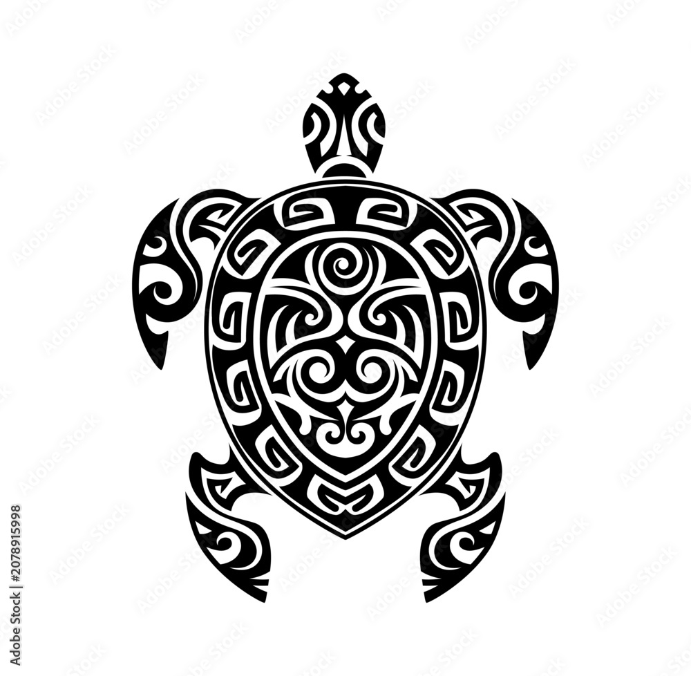 Fototapeta premium Maori turtle animal tribal graphic tattoo or sticker. Polynesian warrior black tattoo, New Zealand tribal folk decoration. Maori ethnic graphic symbol