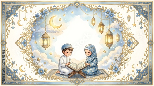 A beautiful watercolor illustration of a Muslim boy and girl reading the Quran together, surrounded by a decorative floral frame, lanterns, and a crescent moon.