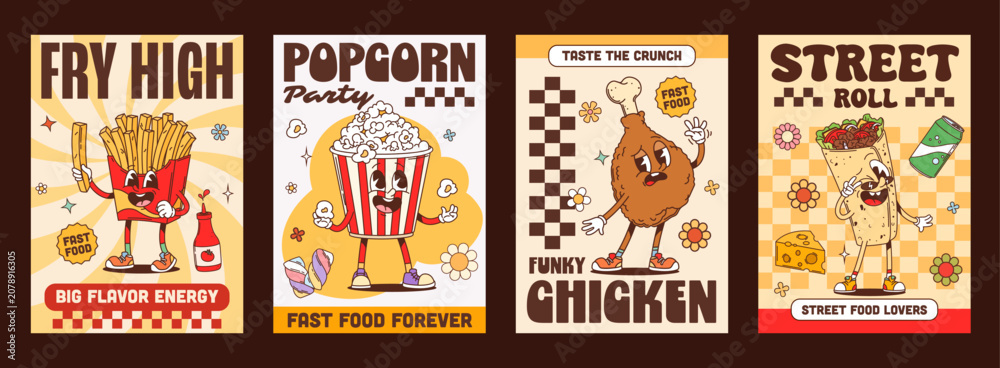 Fototapeta premium Y2k groovy fast food posters with funky hippie fries, popcorn bucket, crunchy fried chicken leg and street roll cartoon characters smiling. Vector retro advertising cards for snack, party, street food