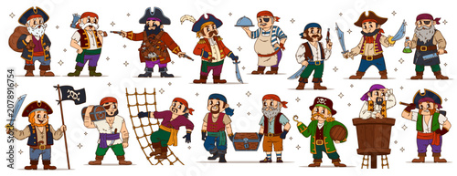 Slika na platnu Caribbean pirates and corsairs, cartoon groovy characters of captain, sailor, skipper and boatswain