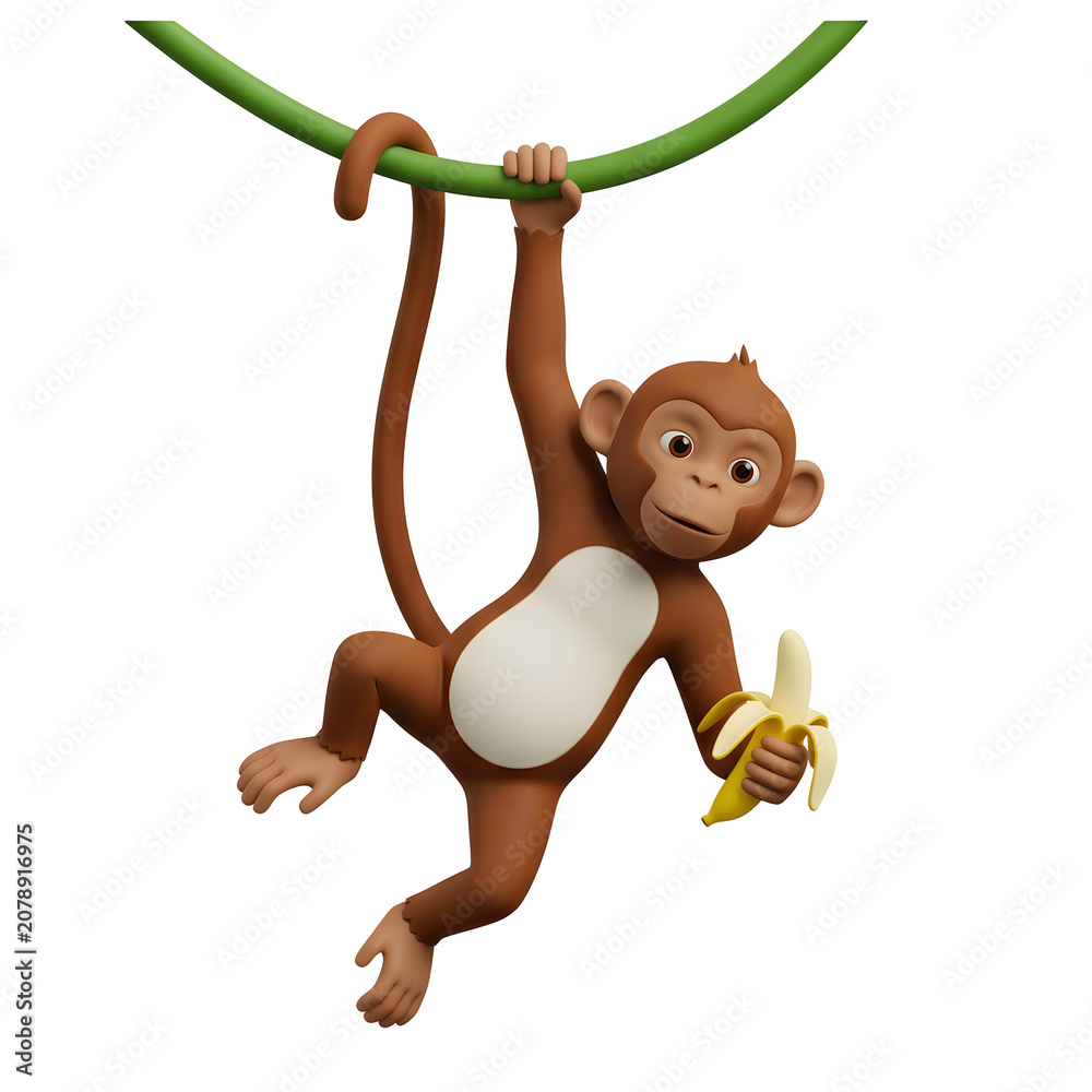 Fototapeta premium Cute 3D Monkey Hanging on Vine with Banana