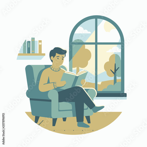 Man reading book in armchair by window view.