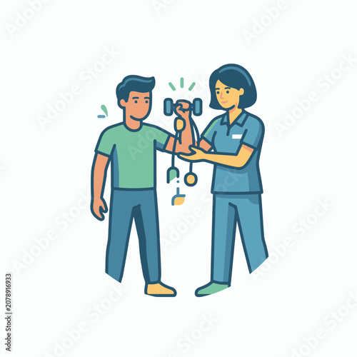 Medical professional assisting patient with arm resistance exercise.