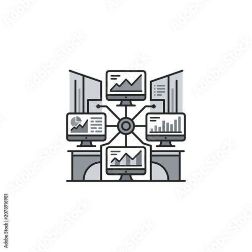 Networked computer monitors with financial data charts.