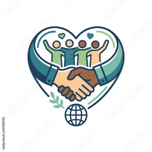 Handshake in heart shape with global community.