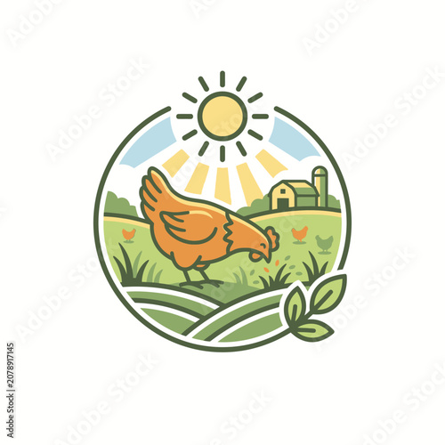 Hen on farm with barn and sun emblem.