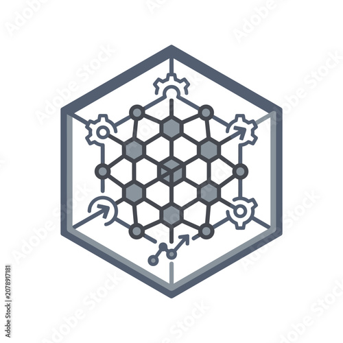 Hexagonal technology network and gears icon.