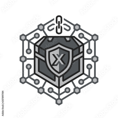 Hexagonal shield icon with tech circuits and central X.