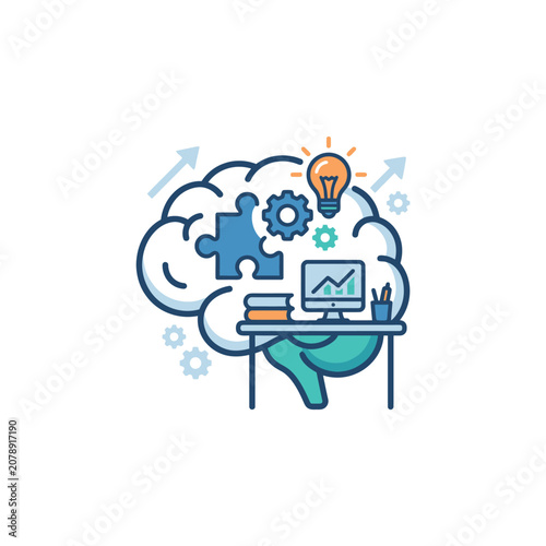 Human brain with puzzle pieces and computer.