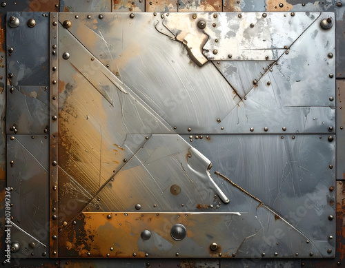 Grungy Industrial Metal Panel with Rivets and Rust Textures.