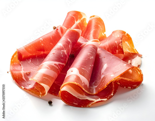 Thinly Sliced Cured Ham with Marbling on White Background.