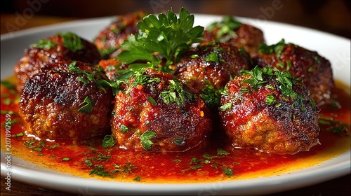 Hearty plate of Spanish albondigas meatballs simmered in rich tomato sauce with fresh parsley garnish, served as a flavorful homemade tapas style dinner with Mediterranean comfort food appeal.