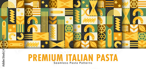 Foto Italian pasta and noodles seamless patterns with geometric block of fusilli, farfalle, penne, rigatoni and spaghetti