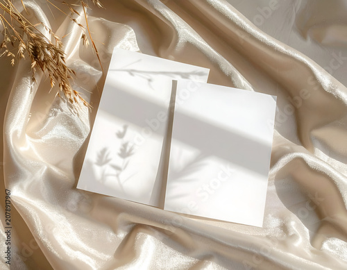 Elegant Wedding Invitation Suite Mockup with Dried Flowers and Silk Drapery.