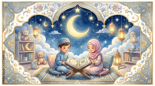 A cute watercolor illustration of Muslim kids reading the Quran in a cozy room with lanterns, a crescent moon, and toys, framed with elegant Islamic patterns.