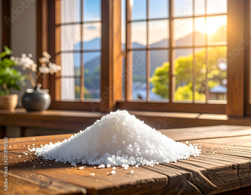 Pile of Coarse Salt Crystals on a Wooden Table with a Scenic Mountain View Through a Window.