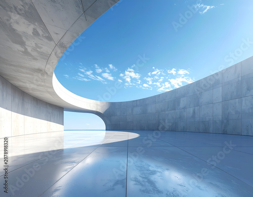 Modern Architectural Design with Curved Concrete Walls and Bright Sky.