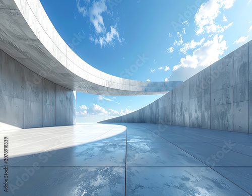 Modern Architectural Design with Curved Concrete Structures and Bright Sky.