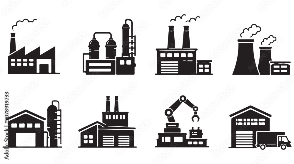 Obraz premium Factory Icons silhouette, industrial building set, vector isolated on white