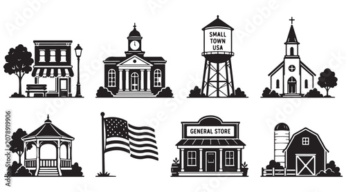 Bild auf Leinwand Small Town America Icons silhouette, rural community set, vector isolated on whi