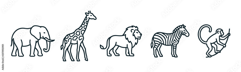 Obraz premium African safari animals icons featuring an elephant, giraffe, lion, zebra, and monkey, presented in a sleek, modern, and minimalist outline vector style.