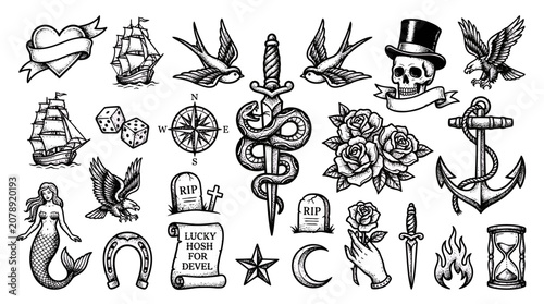 Collection of vintage traditional old school tattoo flash set featuring skull, anchor, eagle and nautical symbols on white background, symbolizing skin art inspiration and representing heritage