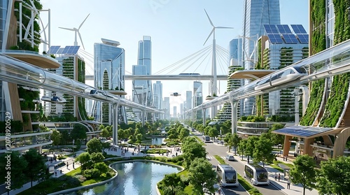 Futuristic eco friendly cityscape with sustainable architecture and transportation