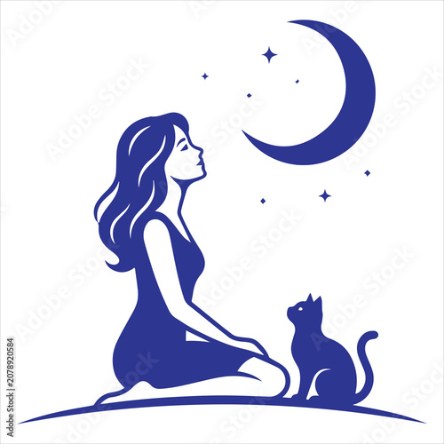 Cat And Woman Moonlight Scene SVG