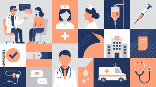 Modern medical flat illustration set with doctors consulting patients and various healthcare icons in a geometric grid, representing professional branding, provides clinical presentation
