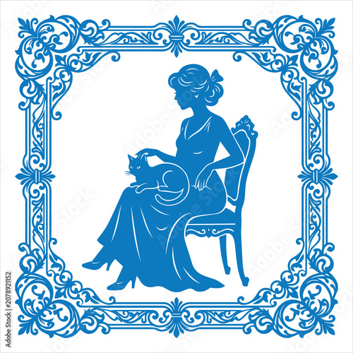 Woman And Cat Vintage Frame SVG 1