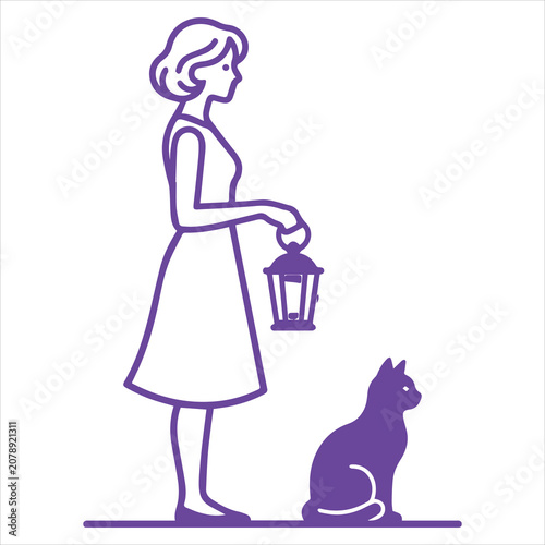 Woman Holding Lantern Beside Cat SVG