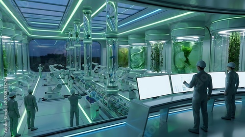 Futuristic laboratory interior with scientists and glowing research equipment