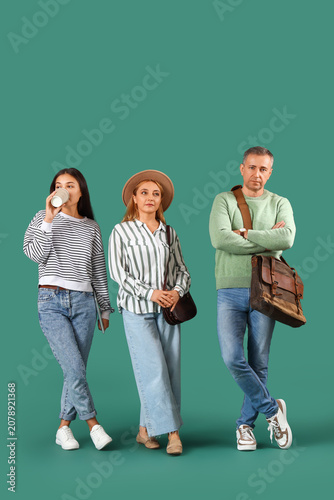 People waiting in line on green background