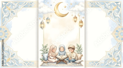Watercolor illustration of Muslim children reading the Quran together, featuring golden lanterns, a crescent moon, and an elegant blue and gold decorative frame.