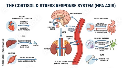 Diagram showing the cortisol and hpa axis stress response system with cortisol