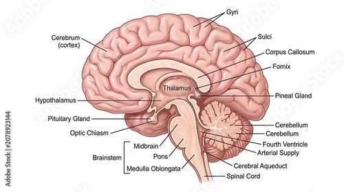 Quadro su tela Anatomical diagram of human brain lateral view with labeled parts, neurology