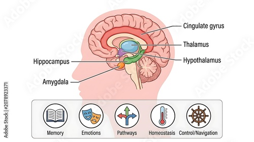 Foto Limbic system brain anatomy diagram and emotional function icons with amygdala