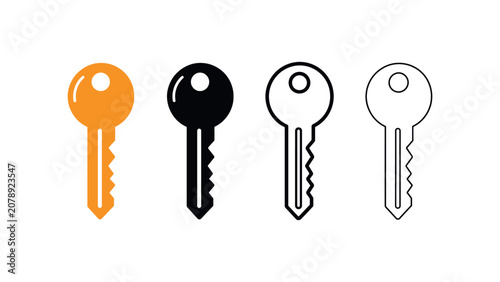 фотографія An illustration of four keys in orange, black, white and black outline, and black outline on a white background