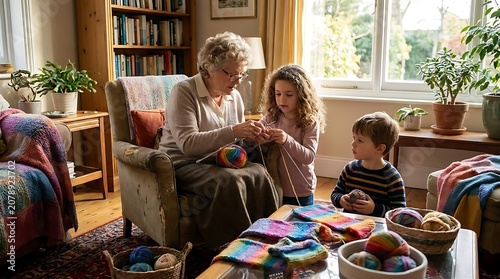 Generations bond over knitting a colorful handicraft indoors