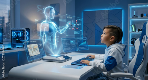 Generation Alpha Child with AR Glasses Studying Mathematics with Luminous AI Tutor Hologram