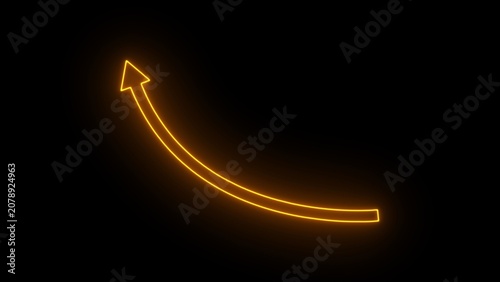 Fotografie Yellow neon arrow curving upwards on a black background symbolizing upward trend