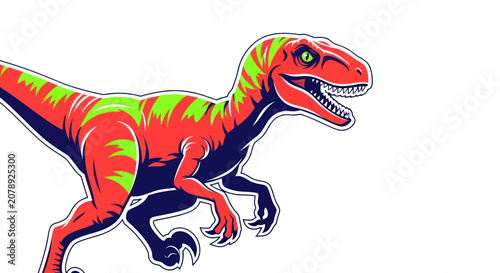 Red and green velociraptor dinosaur running with sharp teeth